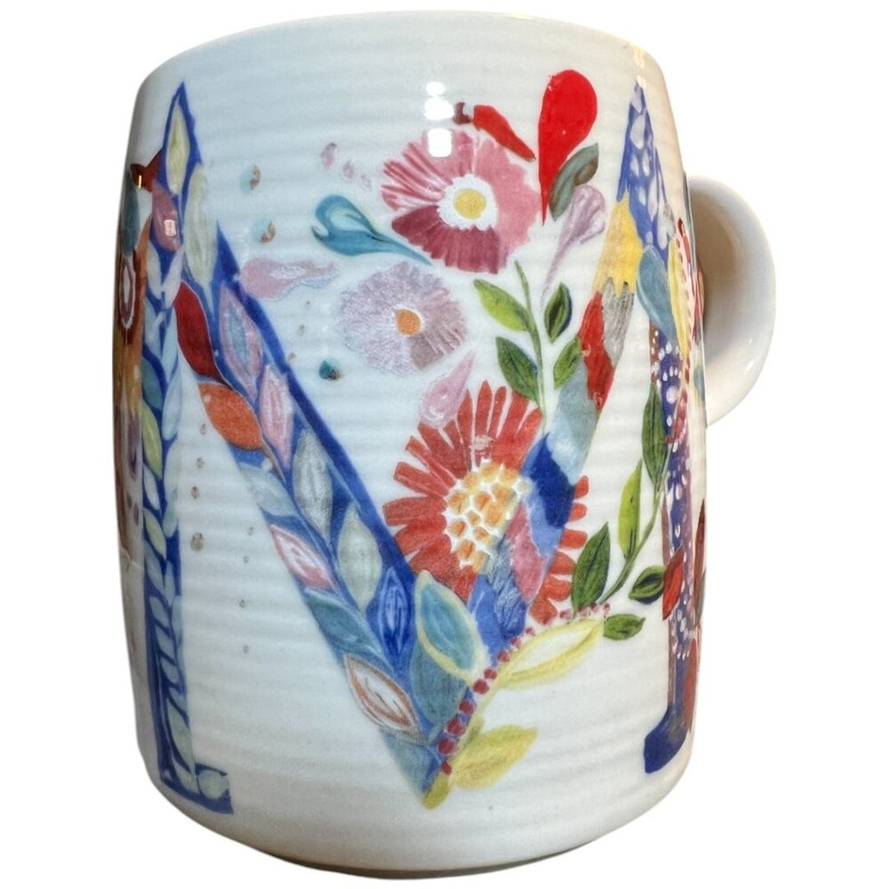 ANTHROPOLOGIE Starla M Halfmann Letter M Monogram Floral Mug Coffee Cup 14 oz
